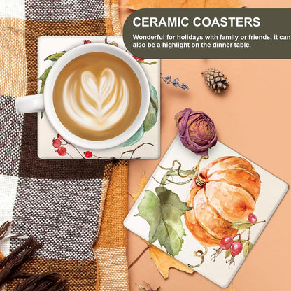 Whaline Fall Thanksgiving Coasters Watercolor Pumpkin Square Drink Coaster Autumn Harvest Absorbent Ceramic Cup Mat for Mugs Cups Home Kitchen Office Party Supplies, 4Pcs