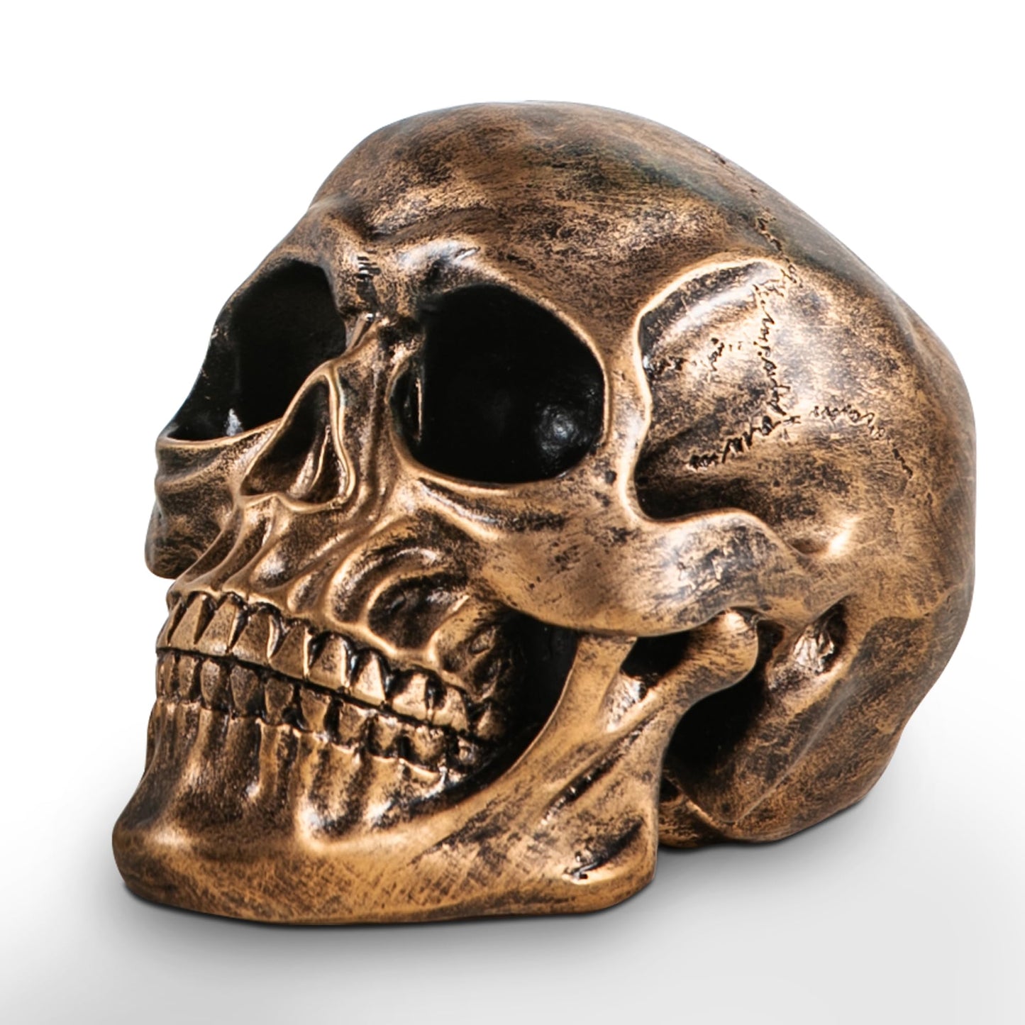 Mowtanco Halloween Skull Statues – Set of 2 Resin Skeleton Head Decorations (Gold & White) – 7.7" Realistic Skull Decor for Indoor Halloween Party, Tabletop Centerpiece, Spooky Home Accents