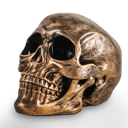 Mowtanco Halloween Skull Statues – Set of 2 Resin Skeleton Head Decorations (Gold & White) – 7.7" Realistic Skull Decor for Indoor Halloween Party, Tabletop Centerpiece, Spooky Home Accents