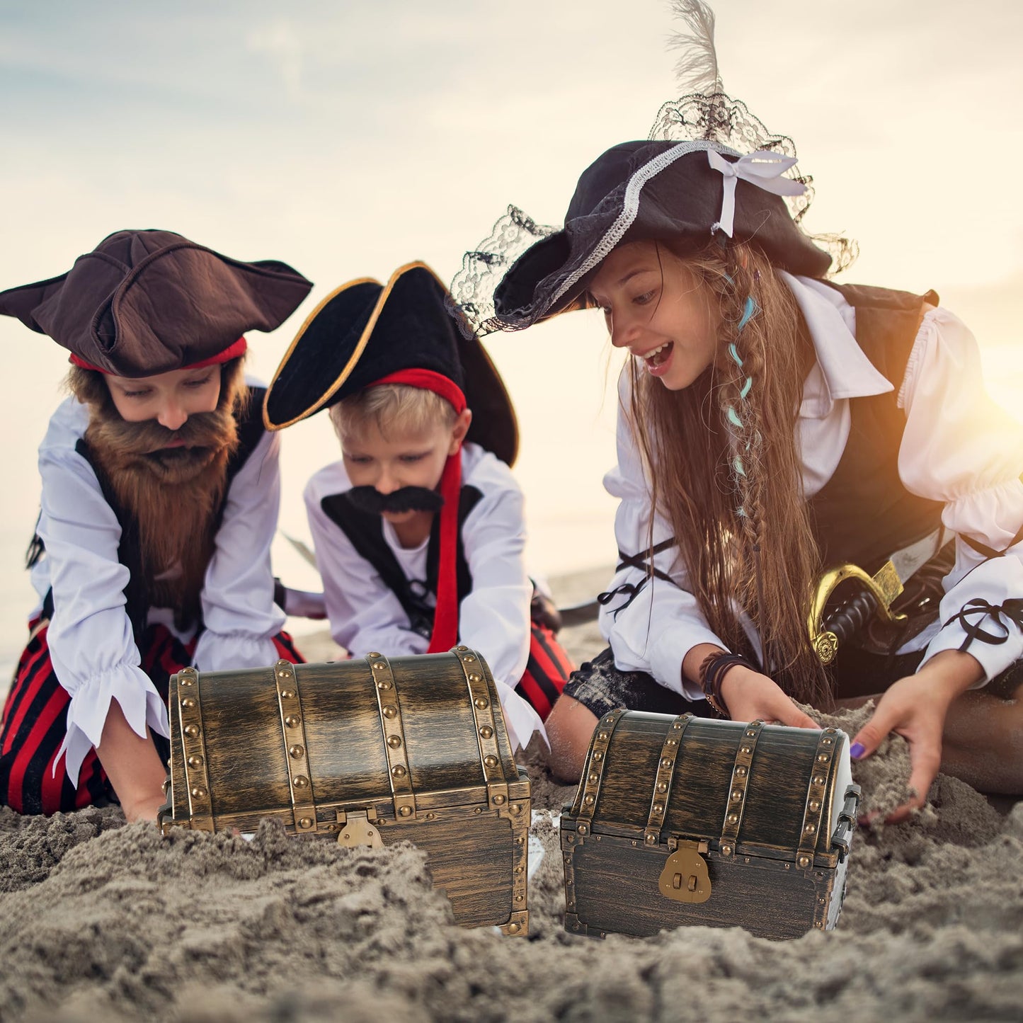 Lingway Toys Large Kids Pirate Treasure Chest Teacher's Favorite Treasures Collection Storage Box with 2 Sets of Locks and Keys Only(Vintage Bronze Coating,8.7"X6.3"X6.9")