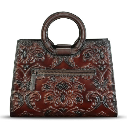Genuine Leather Purses and Handbags for Women Vintage Embossed Leather Crossbody Shoulder Bag Satchel Top Handle Bags (Coffee)