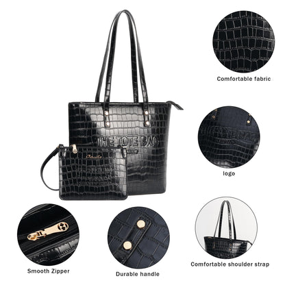 Chinllo Tote Bag for Women, Large Crocodile Top Handle Handbags Purse Set with Clutch Bag (Dc.Black)