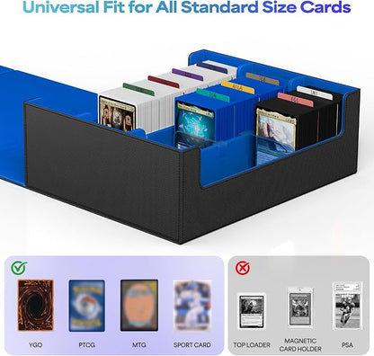 UAONO Trading Card Storage Box, Holds 1800 Sleeved Cards with 10 Dividers & 3 Stoppers, Magnetic Closure PU Leather Card Case for MTG, PTCG, YGO, Sports Cards (Black&Blue)