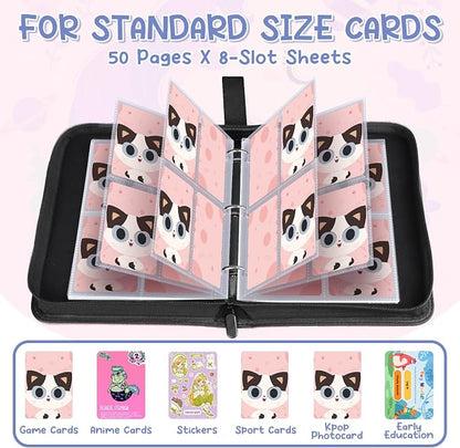 Premium 4 Pocket Trading Card Binder,400 Capacity with 50 Removable Sleeves | PU Leather Zipper Album Book for Sports Cards, Game | Card Storage & Organization for Girls Collector Orange Pink