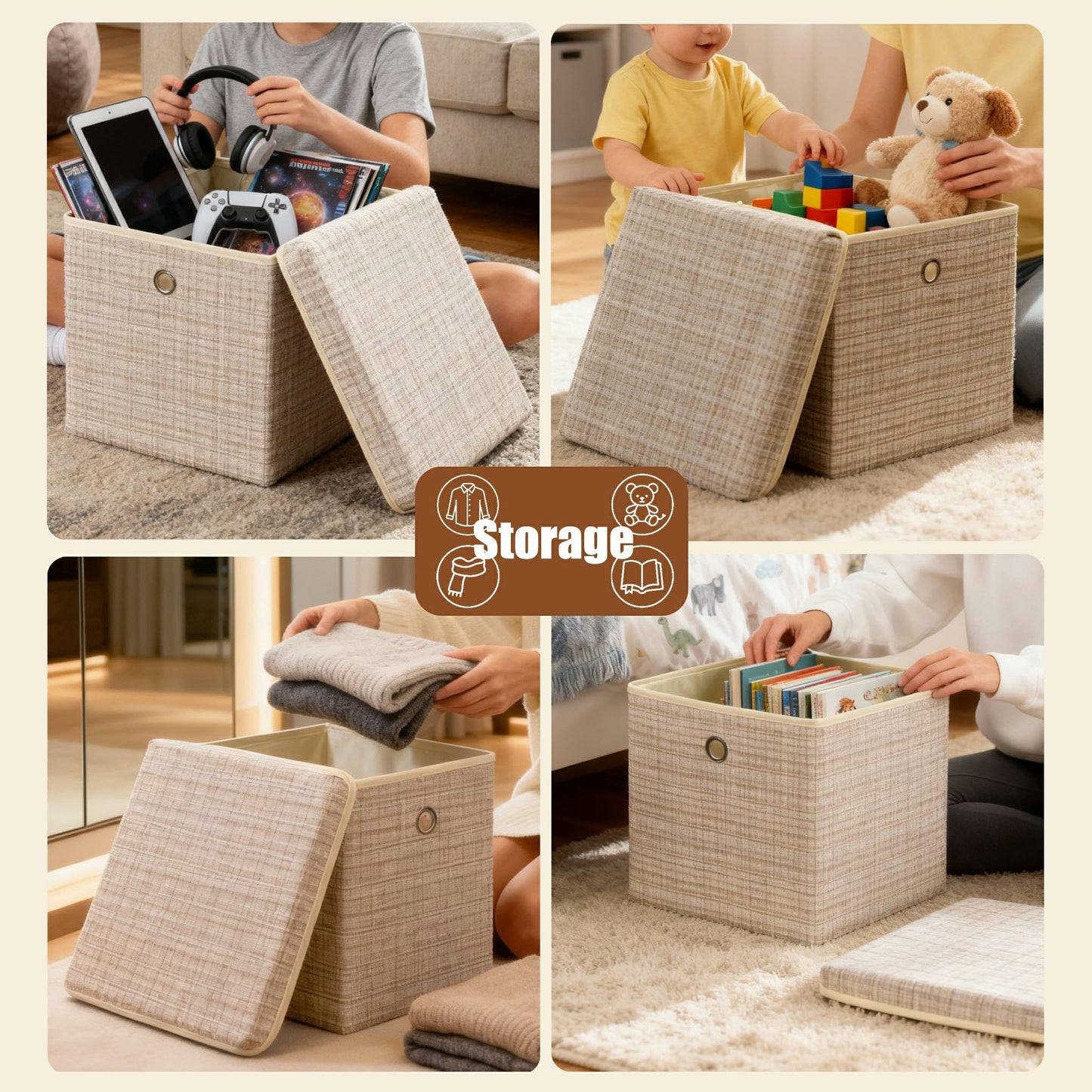 modscape 2-Pack 12"x12" Fabric Storage Bins with Lids, Collapsible Storage Bins for Clothes Toys, Sturdy Storage Cube for Bedroom Closet Shelves Home Organization (Shining Beige, 2)