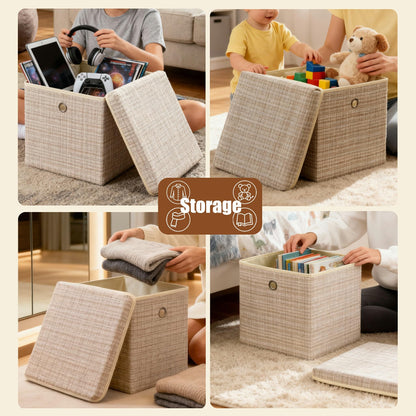 modscape 2-Pack 12"x12" Fabric Storage Bins with Lids, Collapsible Storage Bins for Clothes Toys, Sturdy Storage Cube for Bedroom Closet Shelves Home Organization (Shining Beige, 2)