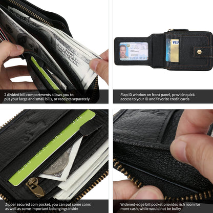 Zipper Wallet Men RFID Blocking Leather Bifold Wallets For Men - Flap ID Window Zip Coin Pocket Mens Zipper Wallets - Big Capacity Credit Card Travel Wallet (Black)
