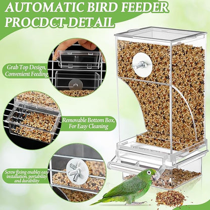 Novabright 7 Pcs No Mess Bird Feeder Water Dispenser Set Include Automatic Parakeet Feeder and Drinker with Bird Paw Grinding Stick Cage Accessories for Small Medium Cockatiel Lovebird(Classic,Clear)