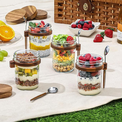 4 Pack Overnight Oats Containers with Wooden Lids and Spoons, 16oz Glass Mason Overnight Oats Jars with Lids, Large Capacity Airtight Jars for Milk, Cereal, Fruit