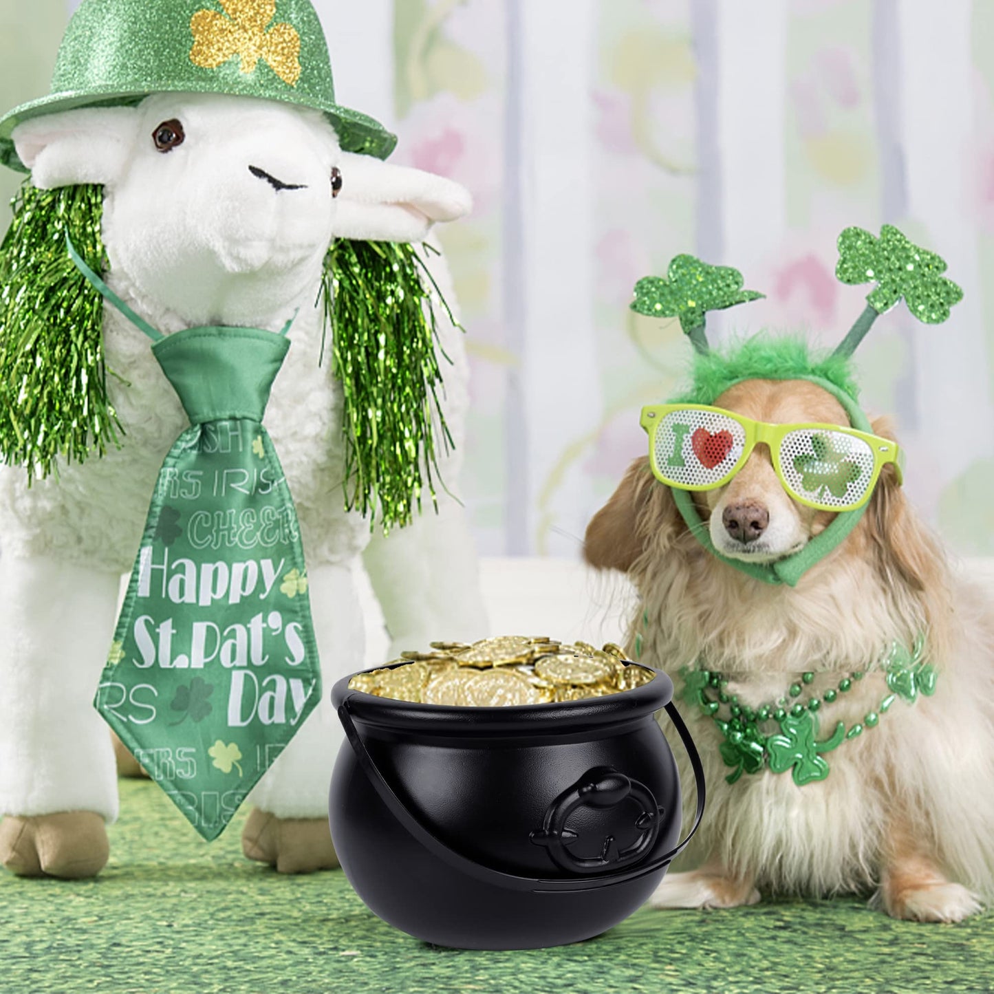 Zcaukya St Patricks Day Coin Pot, 7.4" Black Plastic Cauldron Kittle with Handle, Punch Bowl for Parties, Parade, Carnival, Dressing Accessories, Halloween Trick or Treat, Easter Egg Hunt