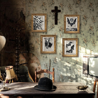 VONTP Dark Academia Gothic Bat Wall Art Decor, Gothic Room Decor, Retro Mystical Full Moon Bats Goth Prints Poster Wall Decorations for Bedroom Living Room Home, 8x10 Set of 4 (Unframed)