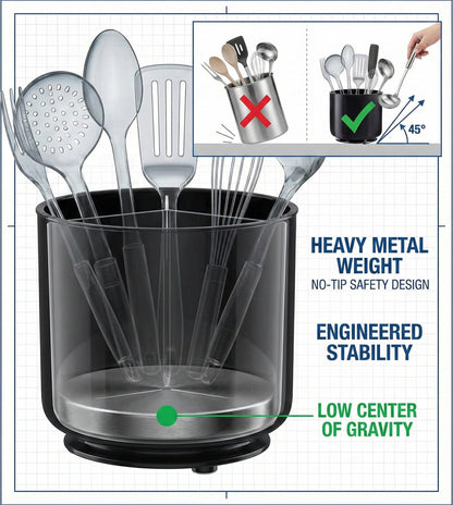 Cooler Kitchen Jumbo Extra Large Sturdy Rotating Black Utensil Holder Caddy with No-Tip Weighted Base, and Gripped Insert - Rust Proof and Dishwasher Safe Kitchen Utensils Holder