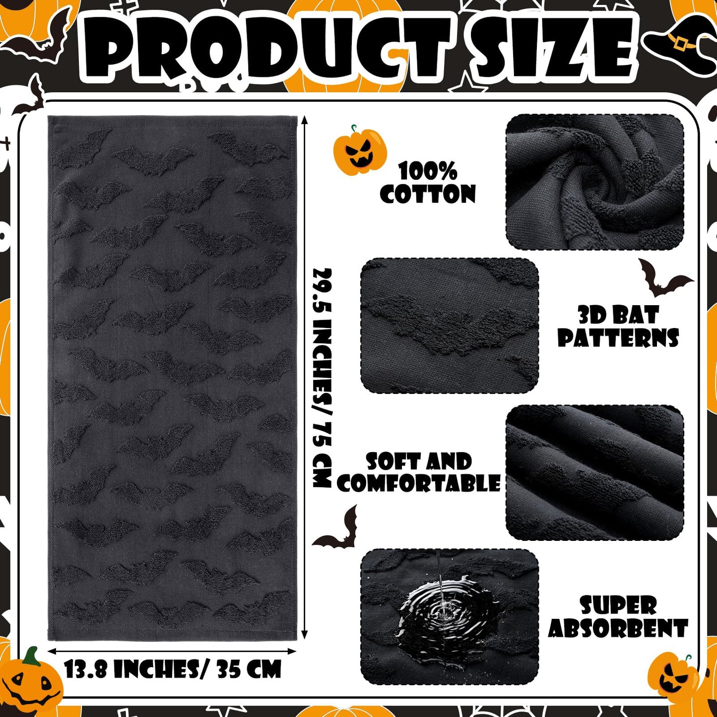 SmoothNovelty 2 Pcs Hand Towels for Bathroom Halloween Hand Towels 100% Cotton Absorbent Decorative Jacquard Weave for Halloween Bath Kitchen Decor Gift, 13.8 x 29.5 Inch(Black,Bat)