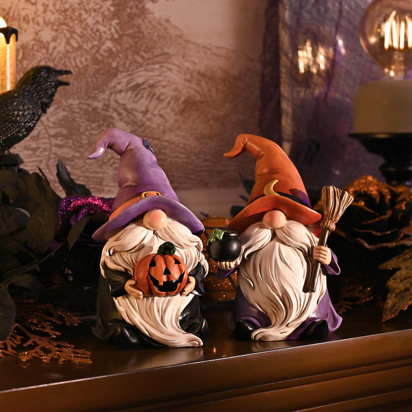 Valery Madelyn Gnomes Halloween Decorations Indoor, 2 Pcs Resin Gnome Decor for Home with Witch Hat Broom Jack O Lantern Moon, Halloween Figurines Elf Dwarf for Table Tiered Tray Outdoor, 6.3"