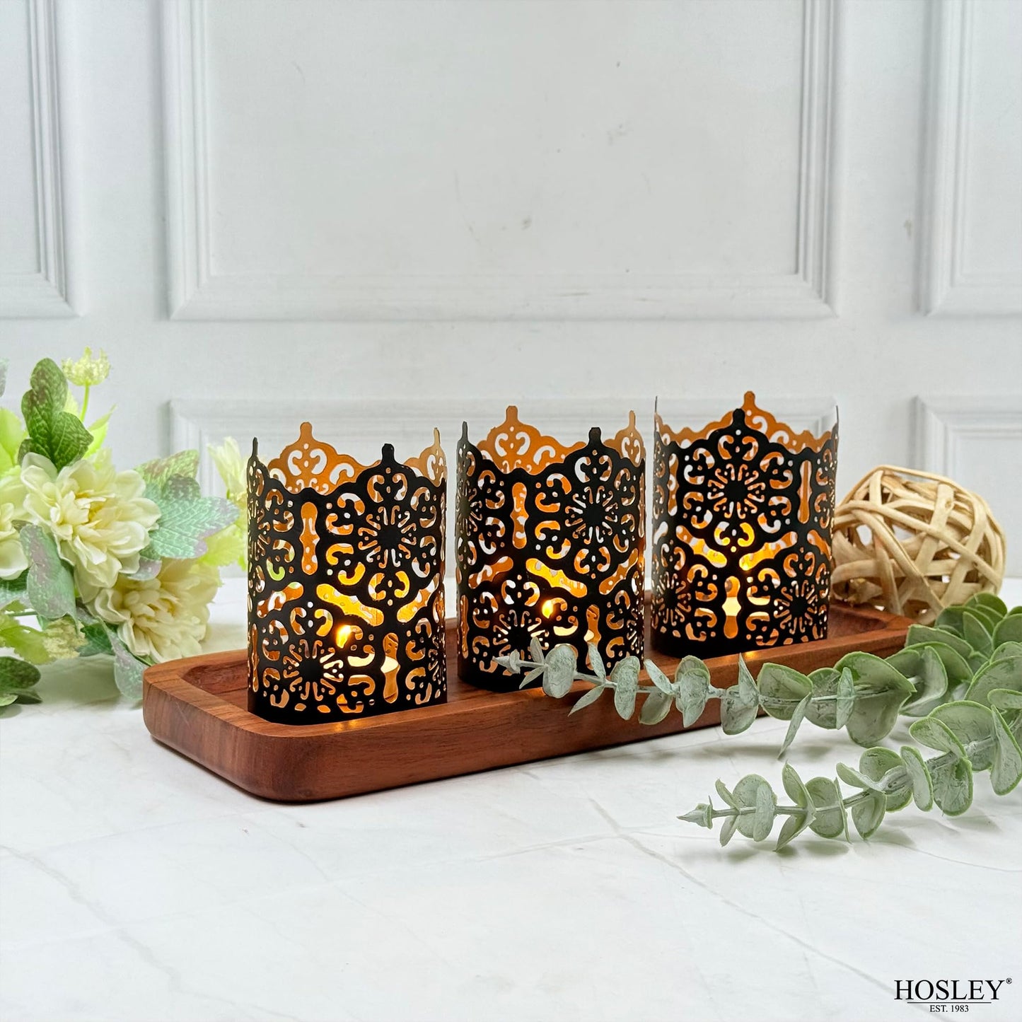 Hosley Set of 3 Black Metal Candle Holders 4 Inch High - Lattice Cut Lanterns for Table Centerpiece, Wedding, Home Decor, Indoor Outdoor