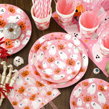 JarThenaAMCS Halloween Tableware Sets Serves 25 Guests Pink Ghost Pumpkin Plates Napkins Cups Fork Knife Spoon Straw Tablecloth Disposable Dinnerware for Birthday Baby Shower Party Supplies