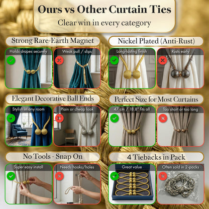 Magnetic Curtain Tiebacks 2 Pcs Curtain Holdbacks, Woven Tie Hold Back for Curtains, Stylish Decorative Holdbacks for Drapes, Gold