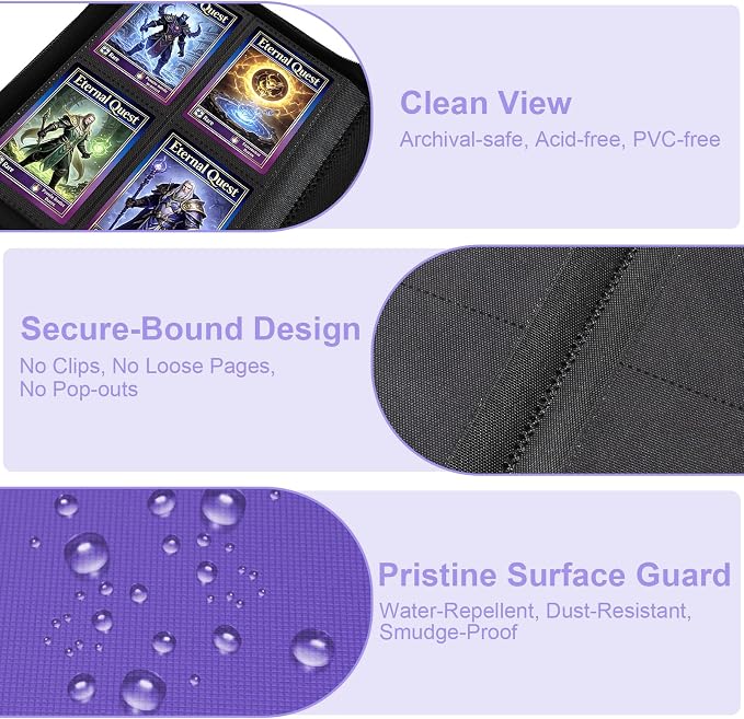 BYSTER 4 Pocket Card Binder, Premium PU Trading Card Binder with Zipper, 160 Capacity Side-Loading Binder for TCG, MTG, Sports Cards, Game Cards, Purple