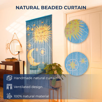 Moon & Sun Beaded Wooden Curtain - Durable Natural Wood Beads for Doorways & Home Decor, Handcrafted, Ideal for Boho-Style Interiors (79'' L x 36'' W)