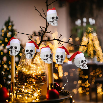 Lenwen 24 Pcs Mini Hanging Skull Heads Santa Hat Halloween Skeleton Head Tree Ornament Decorations for Holiday Party Xmas Tree Decor(3.15 Inch)