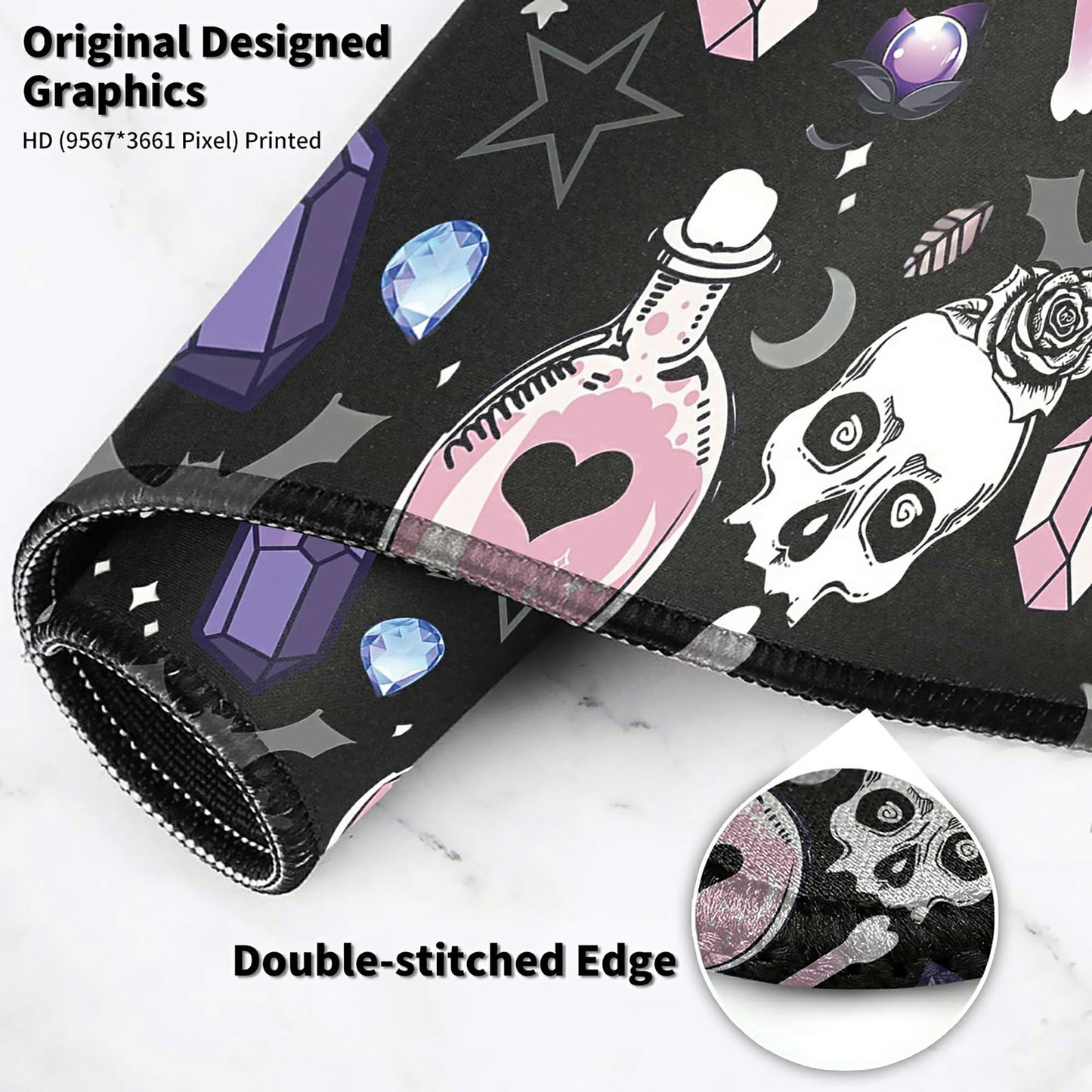 XXL Extended Mouse Pad with Coaster 31.5 x 11.8 Full Desk Mousepad Stitched Edges Pad Extended Large Gaming Mouse Pad for Office Home Desk Mat-Skull Goth Magic Cute Witchy