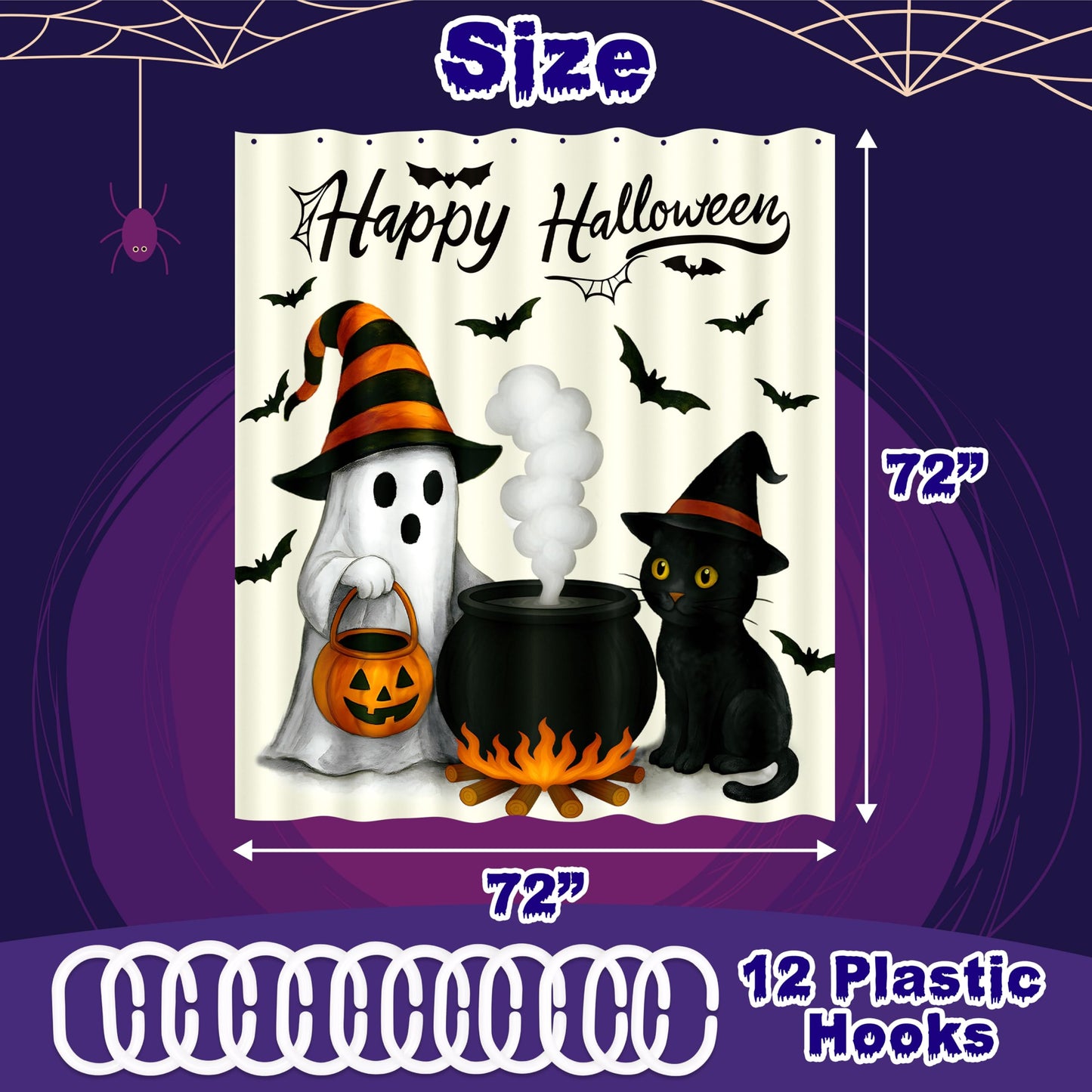 Tieshankao Halloween Bathroom Decor Ghost Cat Pumpkin Shower Curtain Spooky Decorations with 12PCS Hooks 72x72 Inch