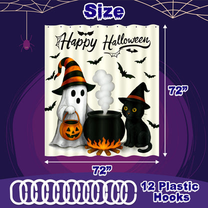 Tieshankao Halloween Bathroom Decor Ghost Cat Pumpkin Shower Curtain Spooky Decorations with 12PCS Hooks 72x72 Inch