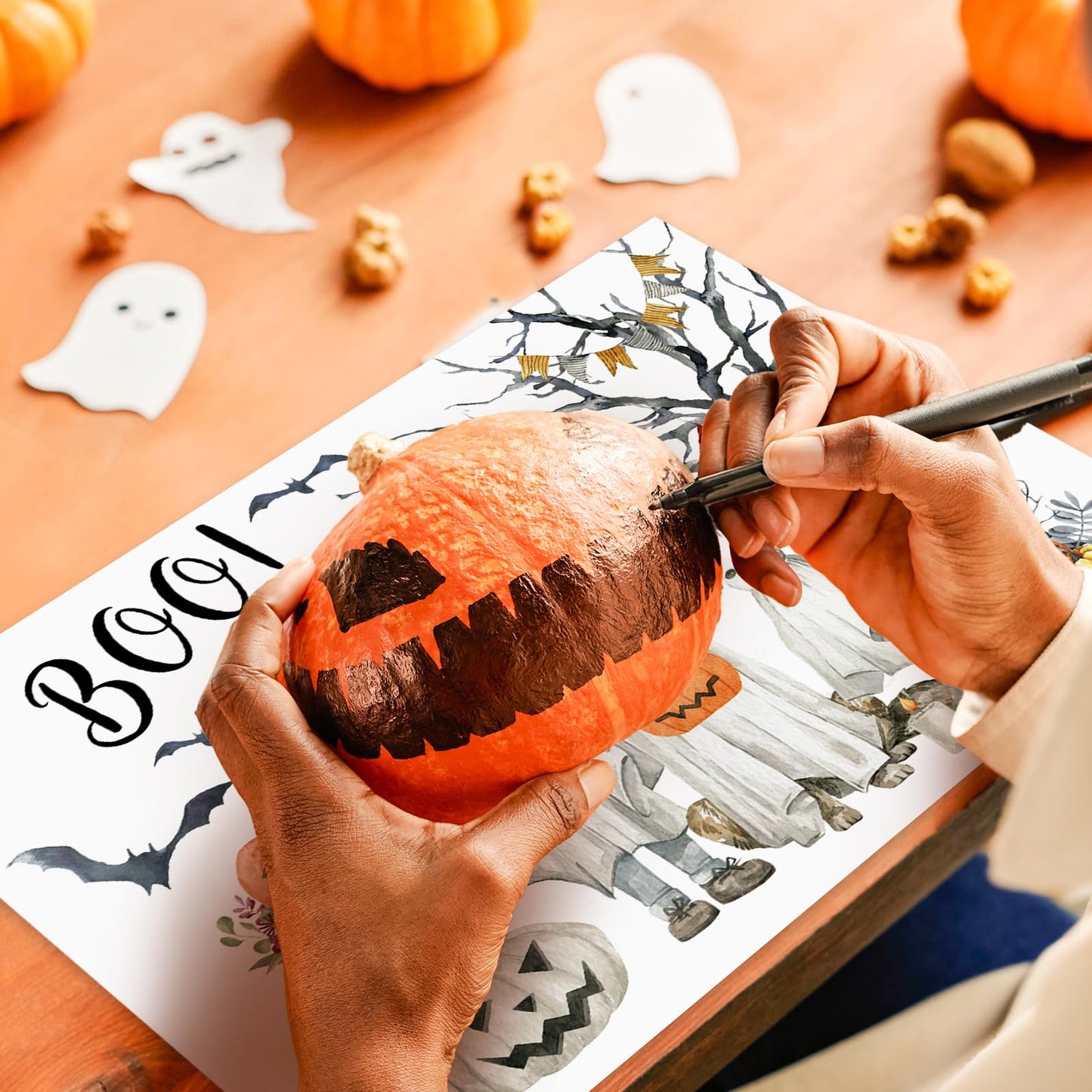 JarThenaAMCS 50Pcs Halloween Boo Paper Placemats Ghost Pet Pumpkin Dining Table Mats Disposable Place Mats for Home Kitchen Restaurant Party Decor, 11 x 17 Inch