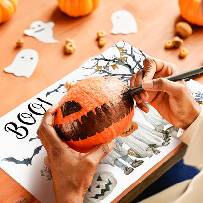 JarThenaAMCS 50Pcs Halloween Boo Paper Placemats Ghost Pet Pumpkin Dining Table Mats Disposable Place Mats for Home Kitchen Restaurant Party Decor, 11 x 17 Inch