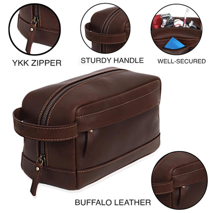 Leather Farm Premium Buffalo Leather Toiletry Bag for Men & Women - Dopp Kit With Water Resistant Lining, Shaving Pouch, Unisex Wash Bag For Toiletries, Gifts For Men and Women - Dark Brown