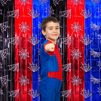 Bupelo Spider Web Birthday Decorations, 2 Pack Spider Party Supplies 3.3x6.6ft Tinsel Foil Fringe Curtains, Red Black, and Blue Photo Booth Prop Backdrop Streamer, Birthday Decor, Party Decor for Boys