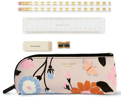 kate spade new york Pen and Pencil Case with Office Supplies, Zip Pouch Includes 2 Pencils, Sharpener, Eraser, and Ruler, Floral Garden