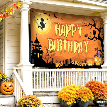 KatchOn, Halloween Happy Birthday Banner - XtraLarge, 72x44 Inch | Spooky Halloween Banner for halloween Birthday Party Decorations | Happy Birthday Backdrop, birthday Decorations Indoor