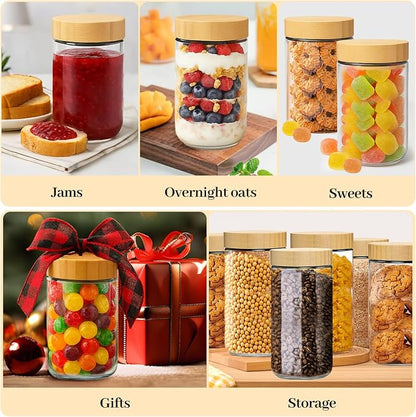 TBWIND 4 Pack 24oz Glass Jars with Bamboo Lids, Spoons, Airtight Overnight Oats Containers, Wide Mouth Mason Jars, Food Storage Container for Yogurt Salad Snacks Spice Sugar Meal Prep – Reusable