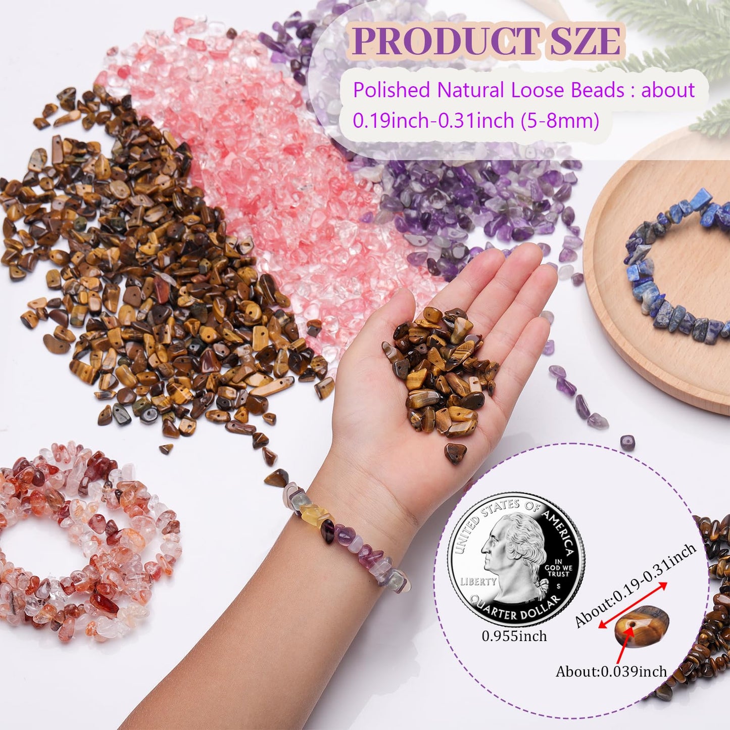 400pcs Natural Chip Stone Beads for Jewelry Making Purple Green Agate 5-8mm Irregular Gemstones Healing Crystal Loose Rocks Bead Hole Drilled for Bracelet Making DIY Art Crafts