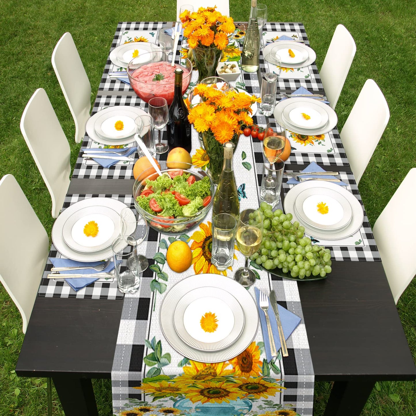 ArtSocket Sunflower Table Runner and Placemats Set of 6, Black White Buffalo Plaid Floral Flower Dining Decor for Daily Use(1 Table Runner 72 inches Long and 6 Placemats)