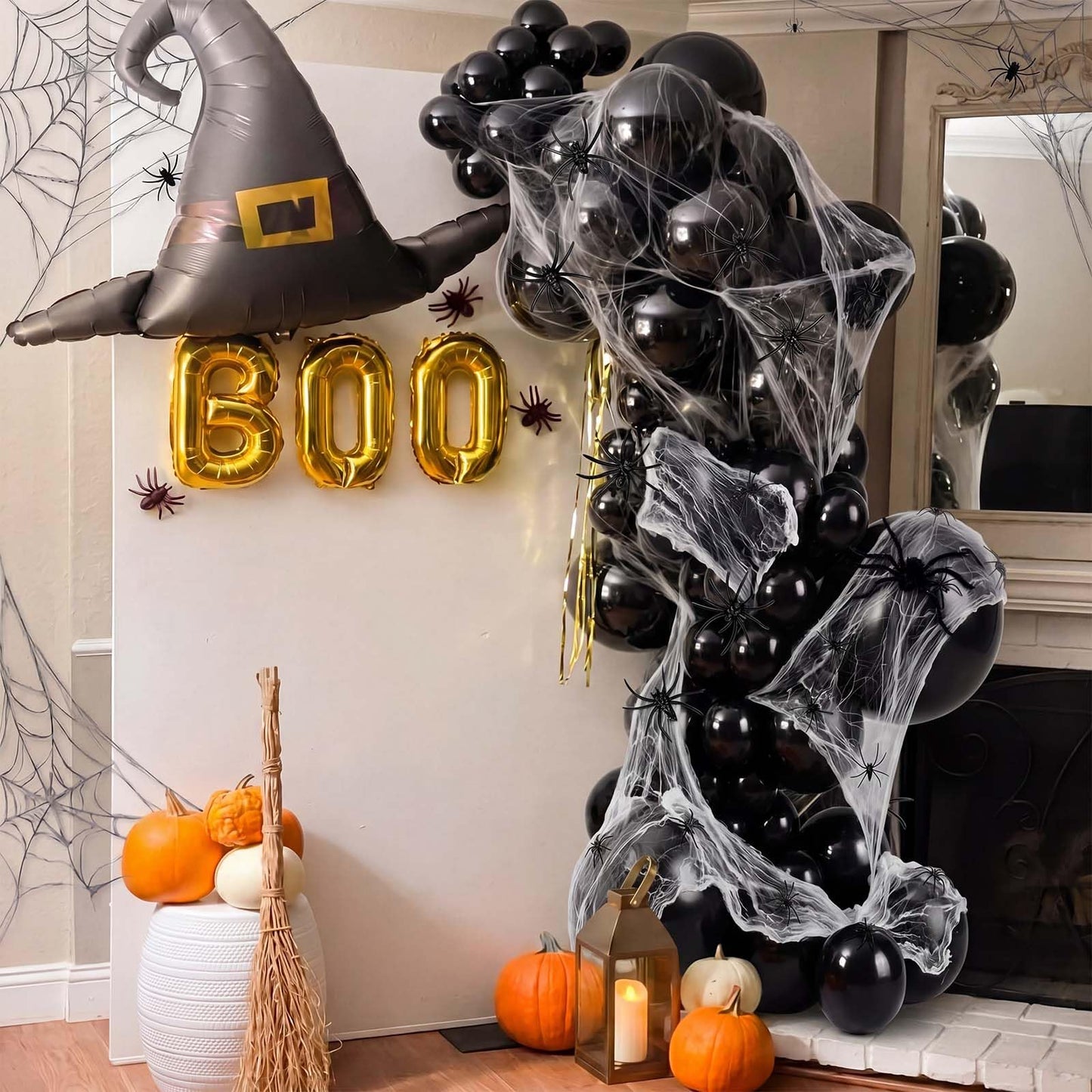 Gejoy 113 Pcs Halloween Balloon Garland Arch Kit with Spider Web and Spiders Spooky Halloween Party Decorations Black Latex Balloons Set Scary Birthday Backdrop for Haunted House Horror Party Supplies