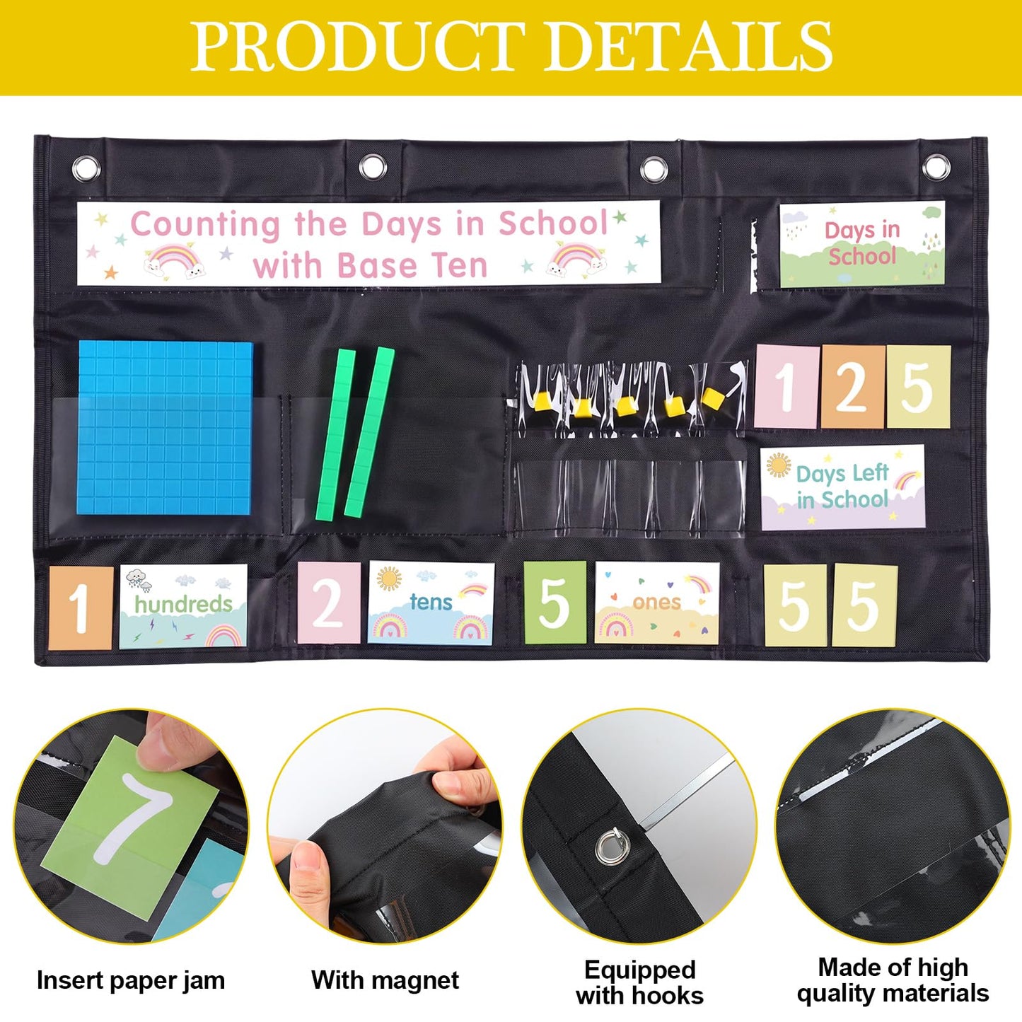 Resurhang Back to School Counting the Days with Base Ten Pocket Chart Place Value, Counting Caddie Pocket Chart for Classroom Bulletin Board School or Home Decor, 4 Hooks (Black,Morandi Style)