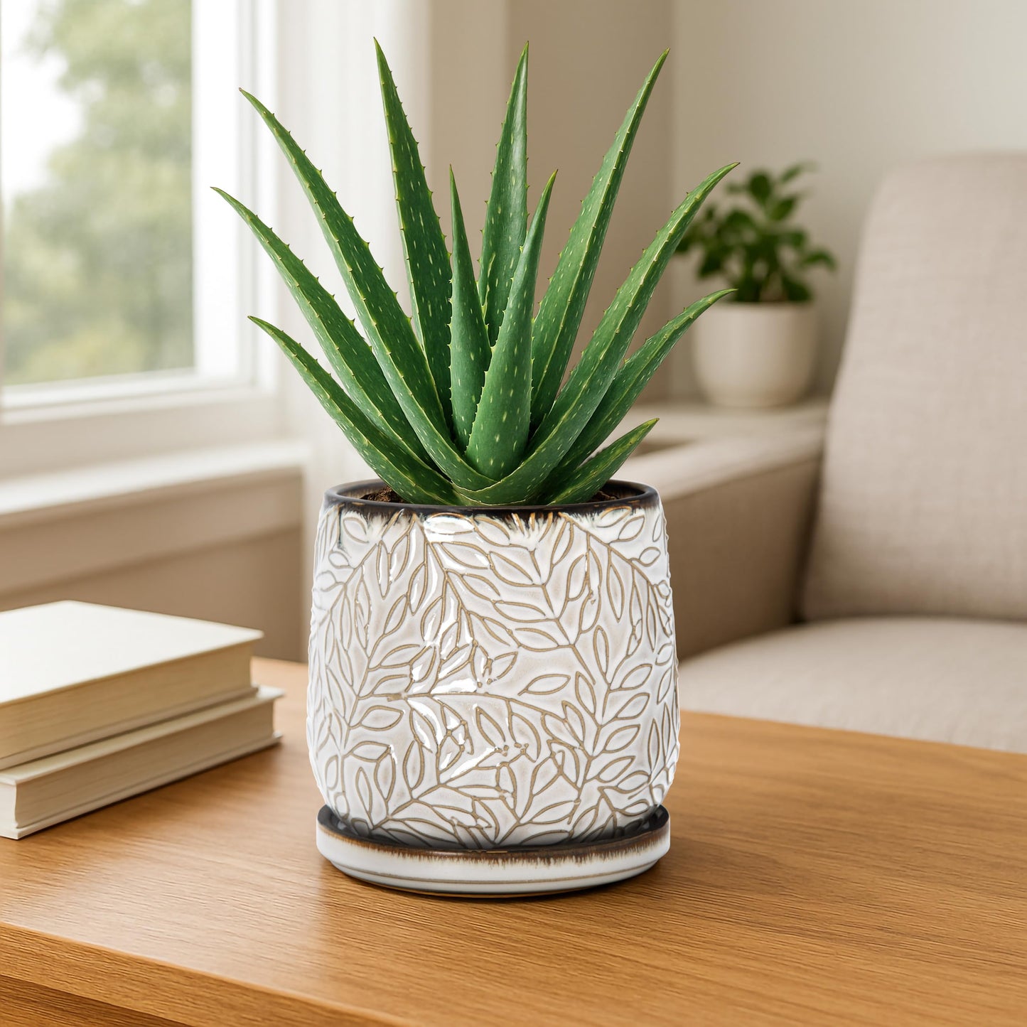 D'vine Dev 5 Inch Embossed Leaves Stoneware Planter Pot with Drainage Hole and Saucer, Smoked White, Set of 2, 27-F-V-1