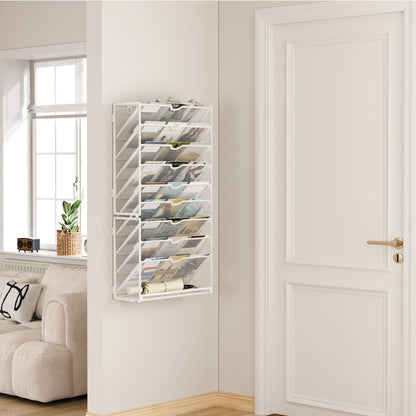 Lavatino 10-Tier Hanging Wall File Folders Organizer - White Metal Mesh Paper Magazine Document Mail Holder File Organizer for Office School Home Wall Mount or Desk Supplies Organization