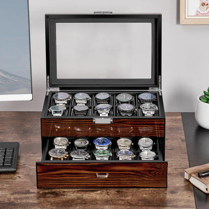 BEWISHOME High-End Watch Box, 20-Slot Watch Case with Large Glass Lid, Wooden Watch Cases for Men, Watch Storage, Watch Organizer, Synthetic Leather Interior, For Father's Day Brown SSH04Y