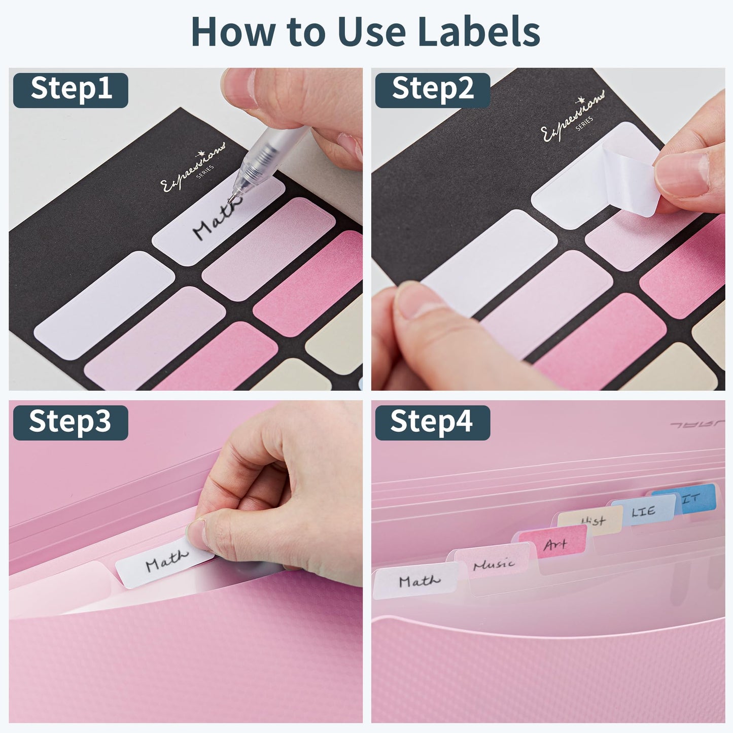 JARLINK 7 Pockets Expanding File Folder, A4 Accordion File Folders with 12 Labels, Cute Paper Organizer, Portable Document Organizer for College School Office Supplies, Macaron Pupple & Macaron Pink