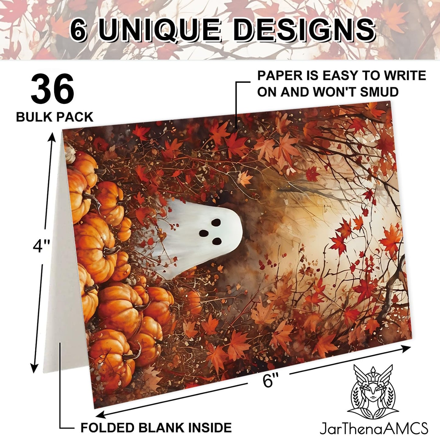JarThenaAMCS 36 Pack Halloween Cards Ghost Pumpkin Maple Leaves Greeting Cards with Envelopes Stickers Glue Stick Blank Note Card for Party Invitations, 4 x 6 Inch