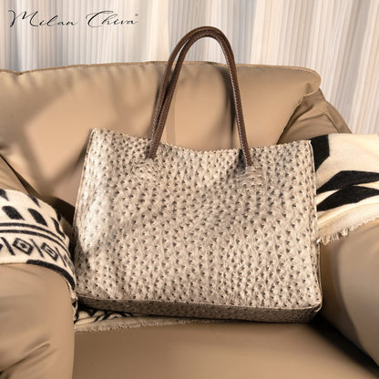 Milan Chiva Leather Tote Bag for Women with Zipper Large Ostrich Hobo Purse Shoulder Purses and Handbags Light Gray Gift MC-1038LGY