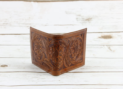 American Bison RFID Wallet for Men – Hand-Tooled Floral Cowhide Leather Bifold Wallet with Gift Box (Light Brown)