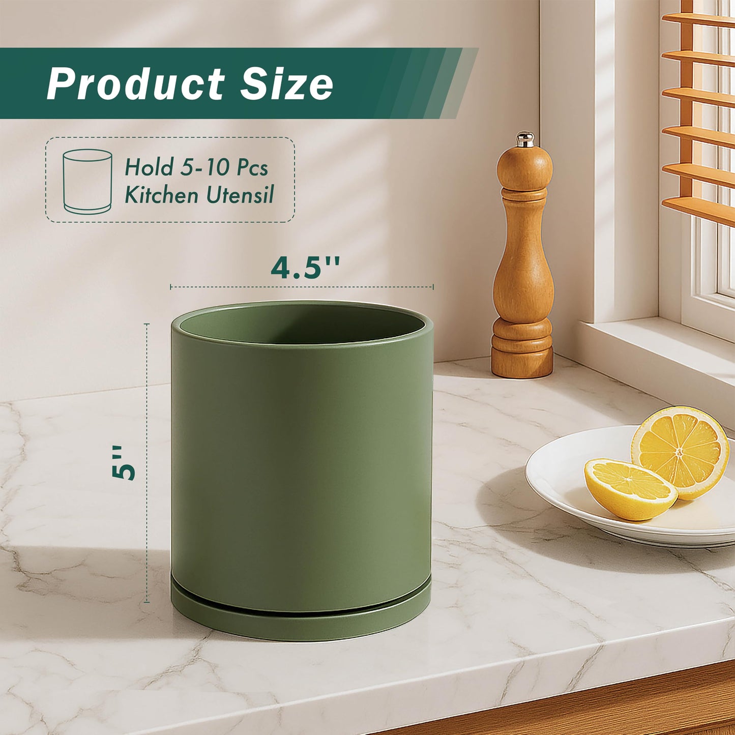 D'vine Dev 360° Rotating Utensil Holder – 5" Kitchen Utensil Crock for Countertop, Modern Cooking Tool Organizer for Kitchen Storage & Décor, Olive, 72-X-C-1