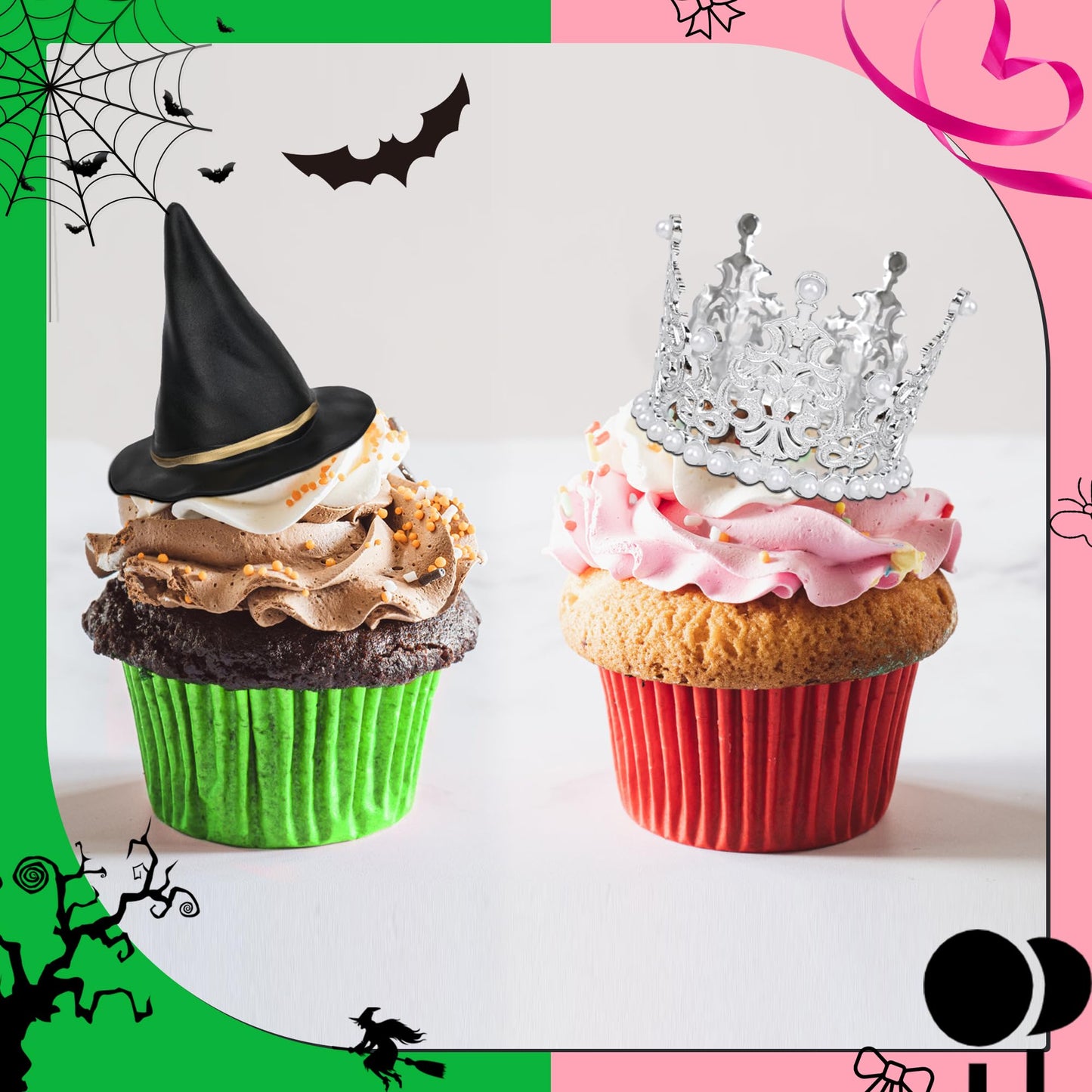 74 Pcs Witch Theme Cake Decorations Party Supplies - Green&Pink Balloons, Mini Witch Hat, Crown, Broom, Magic Wand, Bat and Butterfly Cake Topper - for Princess Witch Halloween Birthday Decoration