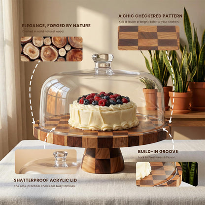 Metflavor Cake Stand with Dome Lid - 12in Wooden Cake Stand with Shatterproof Acrylic Dome, 2-in-1 Dessert Display & Charcuterie Board, Checkered Platter for Serving Cupcakes, Cheese and Fruits