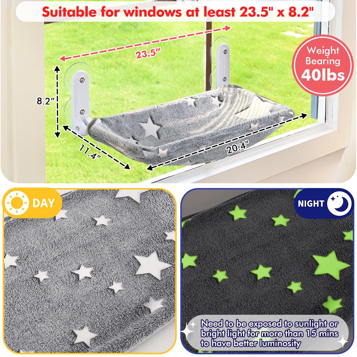 Zoratoo Cat Window Perch, Glow in The Dark Cordless Foldable Pet Hammock Bed for Window with Sturdy Metal Frame, Glowing Stars Pattern Resting Seat for Indoor Cats (Stars - M)