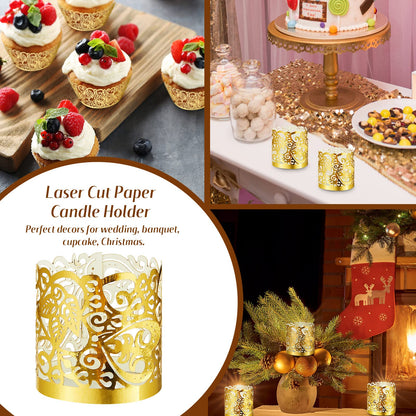 Tealight Votive Wrap Votive Candle Holders Laser Cutting Paper Candle Holder for Table LED Tealight Decor Party Wedding (Gold,100 Pieces)